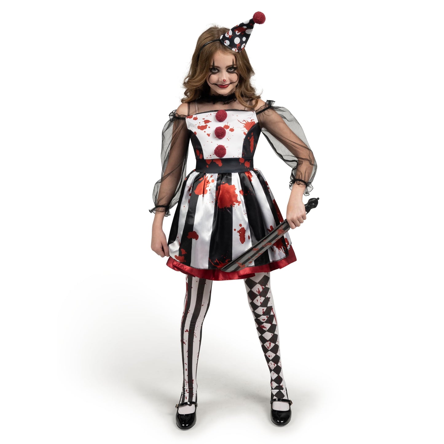 Spooktacular Creations Girls Clown Costume, Halloween Scary Clown Costume, Black and White Bloody Jester Dress for Girls Halloween Dress Up, Role Play, Cosplay Party-S