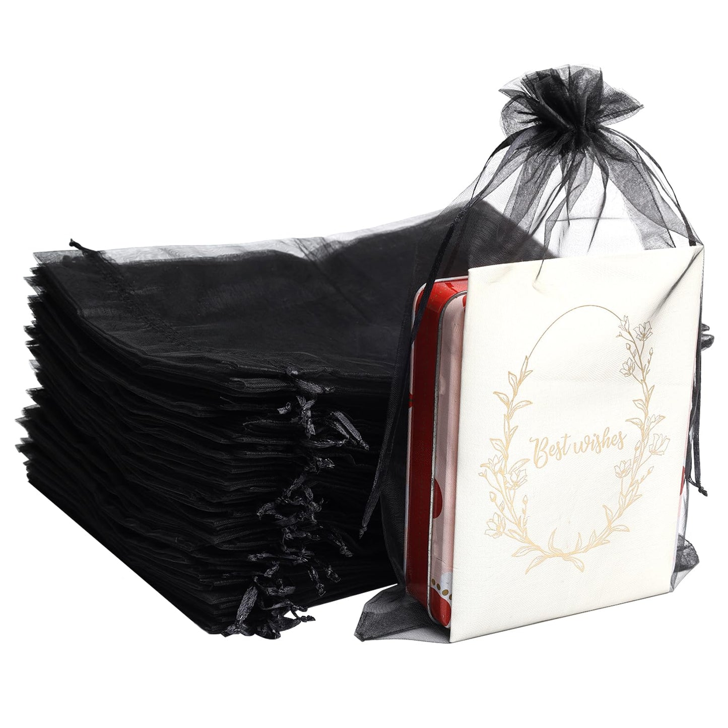 Uigidori 100 Pcs Premium Organza Bags, 8 x 12 Inches Sheer Organza Gift Pouches with Drawstring, Large Mesh Favor Bags for Wedding Favors, Party, Jewelry, Christmas, Makeup Wrapping Supplies (Black)