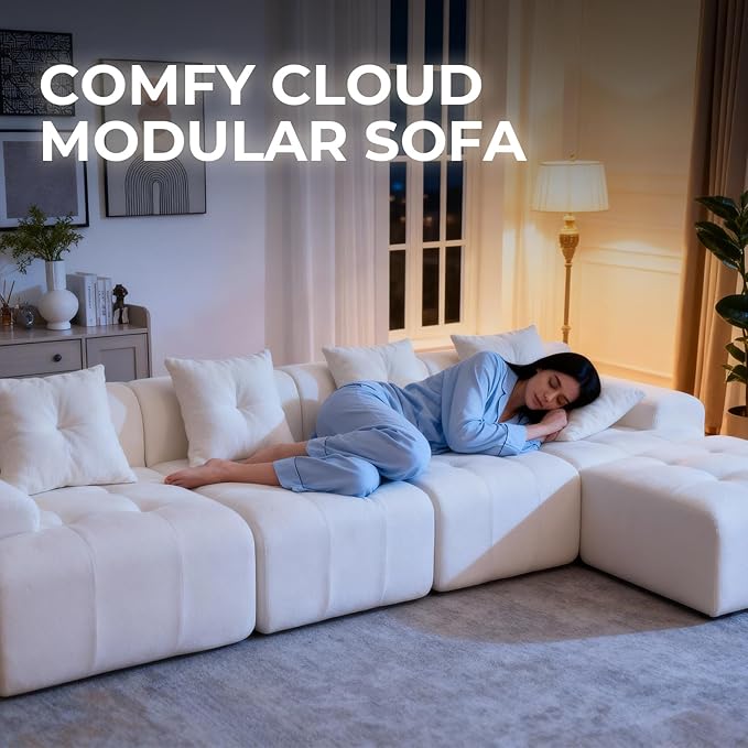 YAAREE 129.23”Modular Sectional Couch for Living Room, Modren L-Shape Cloud Sectional 4-Seater Sofa with 2 Movable Ottomans, Woven Texture Upholstery Boneless Couch, No Assembly, Beige