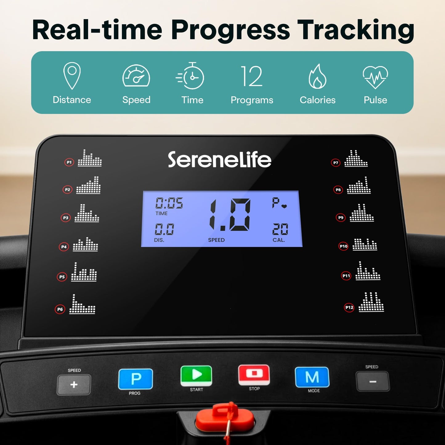SereneLife Portable Foldable Treadmill with Incline Bluetooth Speakers and Heart Rate Sensors, 12 Preset Workout Programs, 2.0 HP Motor, Shock Absorbing Deck, 0.8-8 MPH Speed, 264 lb Capacity