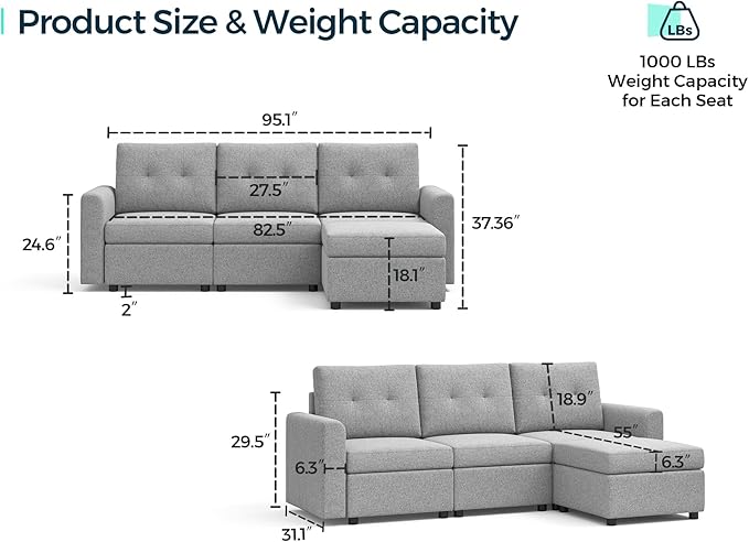 LINSY HOME Modular Sectional Sofa Oversized, Rubik III Removable Cover Living Room Couches with Storage Deep Seat & Ottoman Chaise L/U Shaped Sofa Modern Couch (Grey)