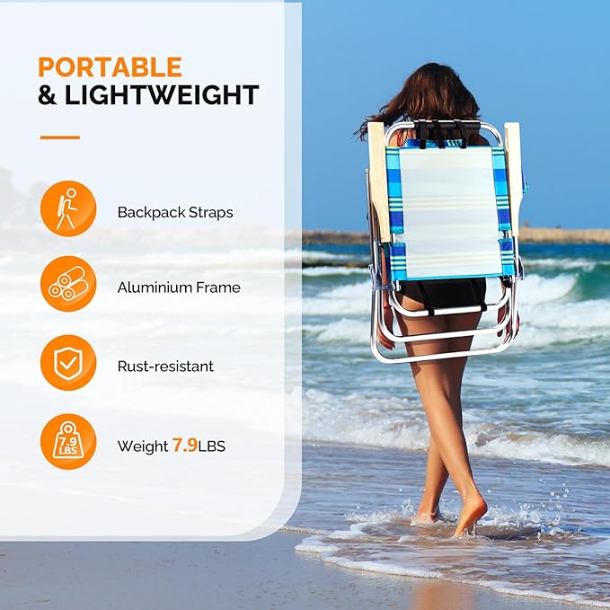 VINGLI Aluminum 17" Backpack Beach Chair – Tall Beach Chairs for Adults, Portable with Adjustable Straps, 3-Position Reclining, Cup Holder, High Lightweight Beach Chairs for Beach