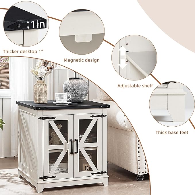 Joaxswe Farmhouse End Table with Charging Station, 24" Large Sofa Side Table with Glass Barn Door,White Nightstand with Adjustable Storage Shelf,Wood Square Bedside Table for Living Room,Bedroom