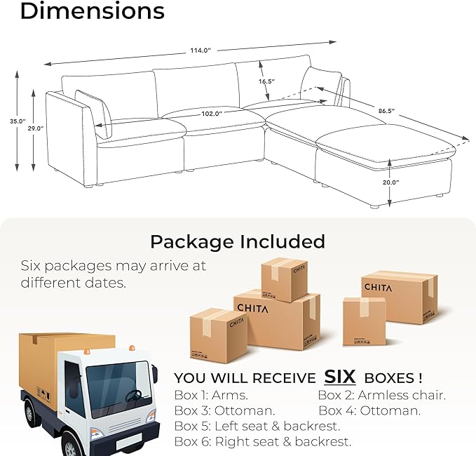 CHITA Luxury Oversized 114" L-Shaped Sectional Sofa Couch, Premium Down Filled Cloud Modular Sectional with 2 Storage Ottomans, FSC Certified, 5 Seat for Living Room, Snow