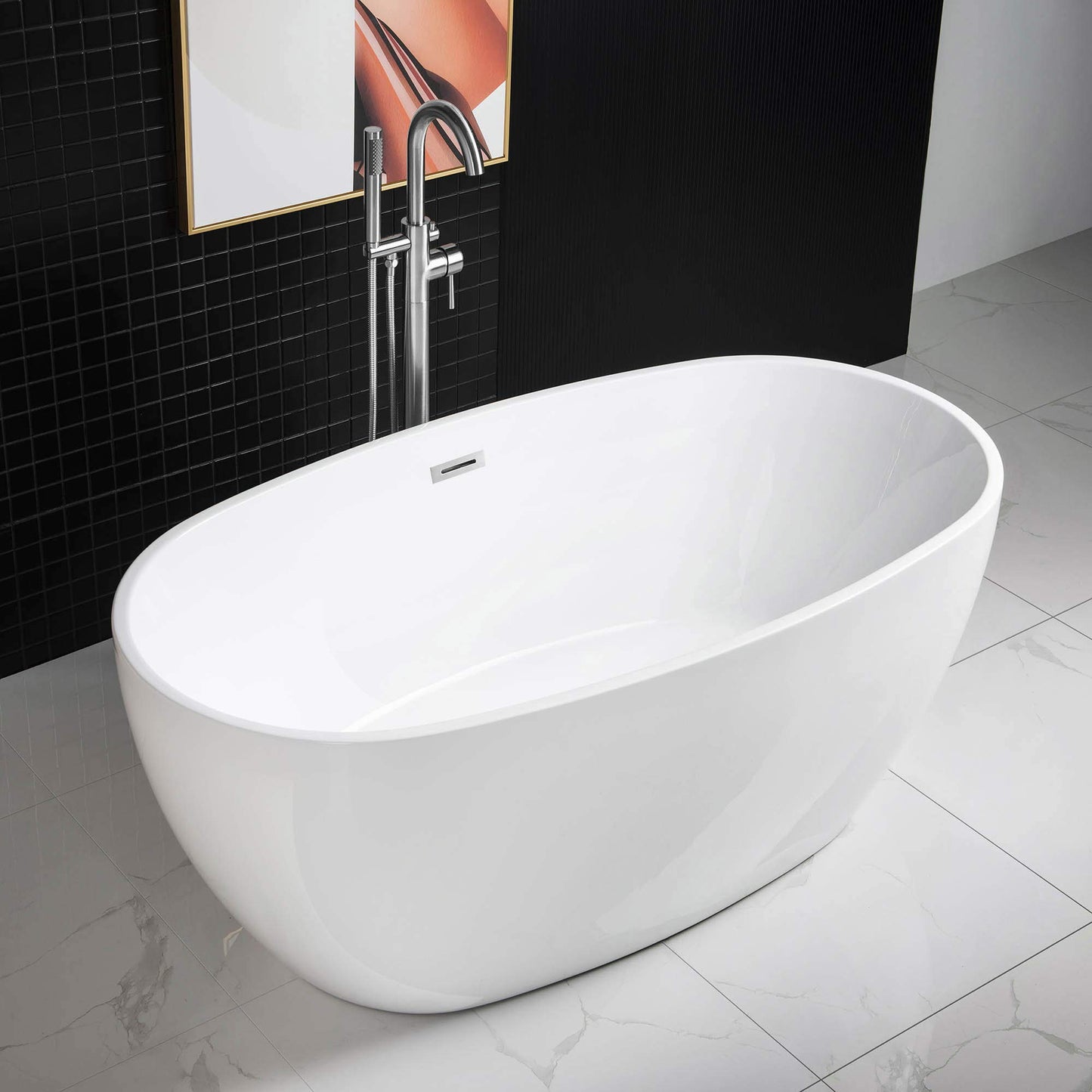 WOODBRIDGE 59" Acrylic Freestanding Bathtub Contemporary Soaking Tub, White Acrylic (Chrome Drain/Overflow),BTA1518 -C-Drain &O