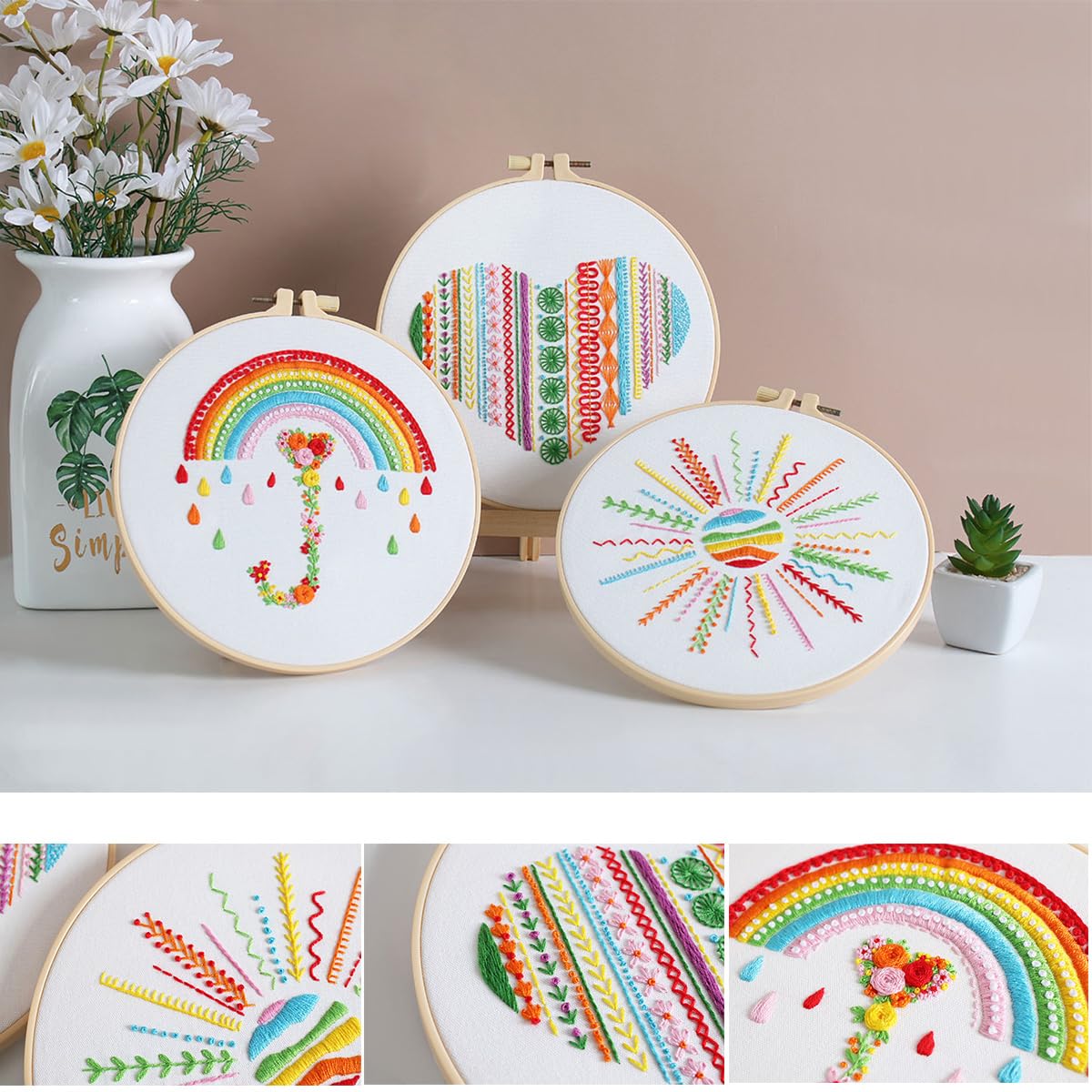 Konrisa Easy Embroidery Kit for Beginners Stamped Embroidery Starter Kit DIY Sewing Needlepoint Cross Stitch for Adults, Stitch Practice Kit 3 Embroidery Fabric Pattern