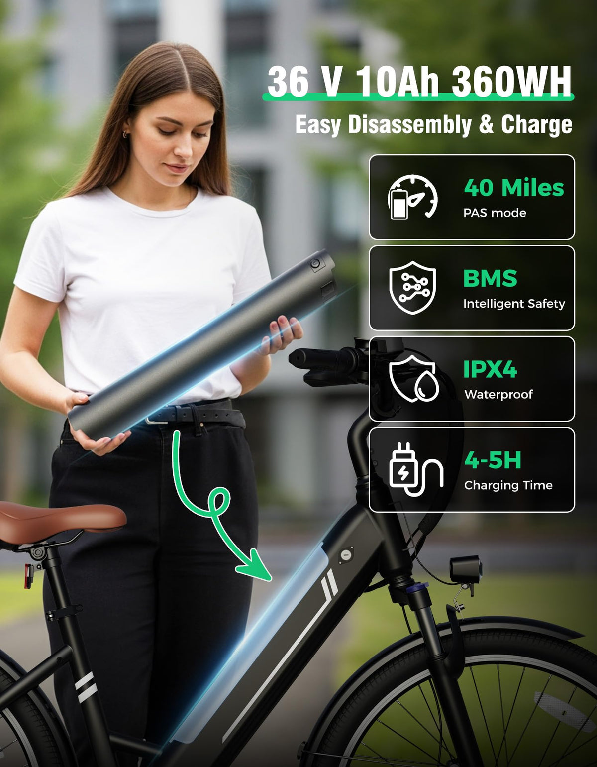 YOLOWAY Electric Bike for Adults, 26" Up to 1000W Peak Motor E-Bike, 25 Mph 40+ Mile Range Brushless City E-Bike, with 360Wh Removable Battery, 7 Speeds & Front Suspension for Commuting, Outdoor