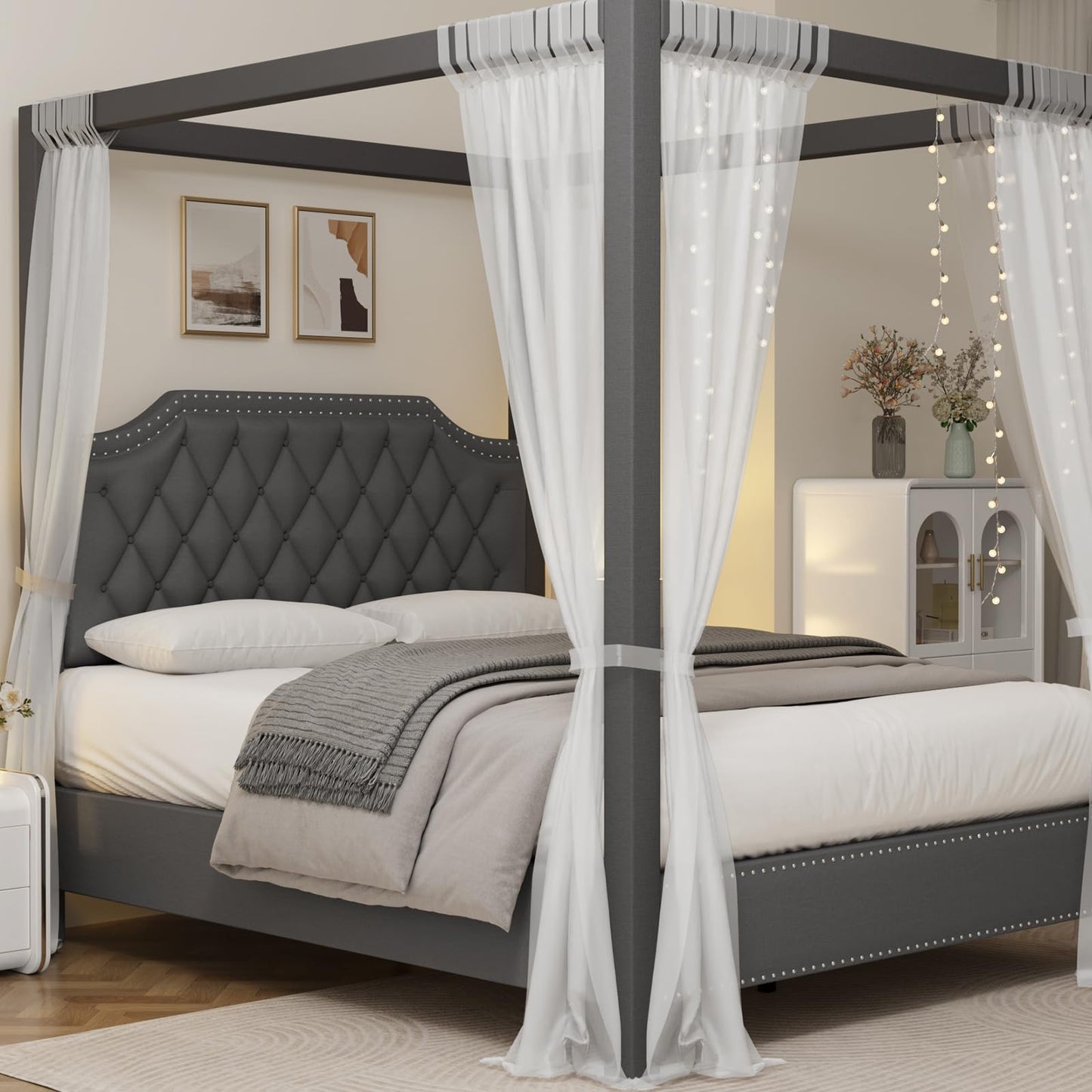 GarveeHome Upholstered Canopy Bed Frame Full Size with headboard, Button Tufted, Nailhead Trim Design, No Box Spring Required, Gray