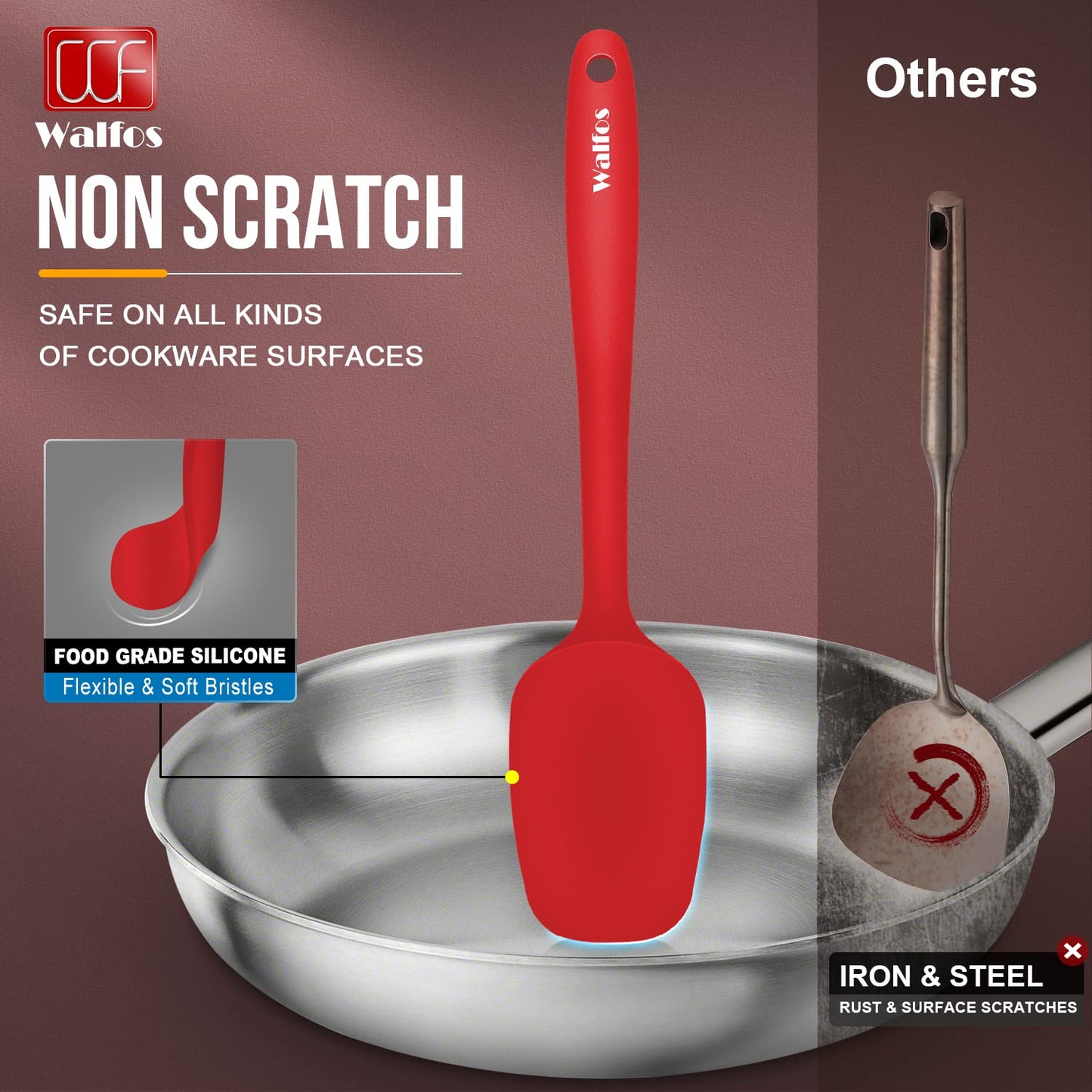 Walfos Silicone Spatula Set of 5-600°F Heat Resistant Kitchen Scraper Spatulas, Strong Steel Core and One-Pieces Seamless Design, Great for Cooking Mixing & Baking - BPA Free & Dishwasher Safe (Red)