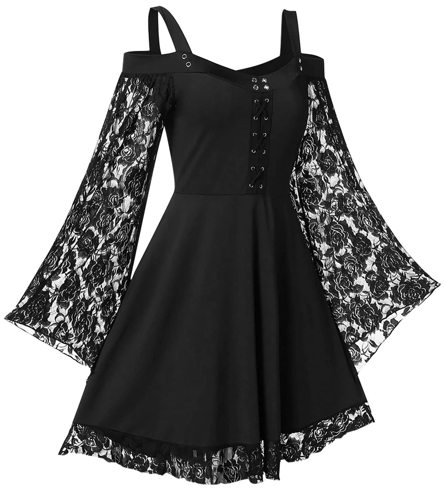 Black Gothic Punk Cosplay Dress Women for High-Low Pleated Strap Skirts Halloween Lace Vintage Dresses Black, Large