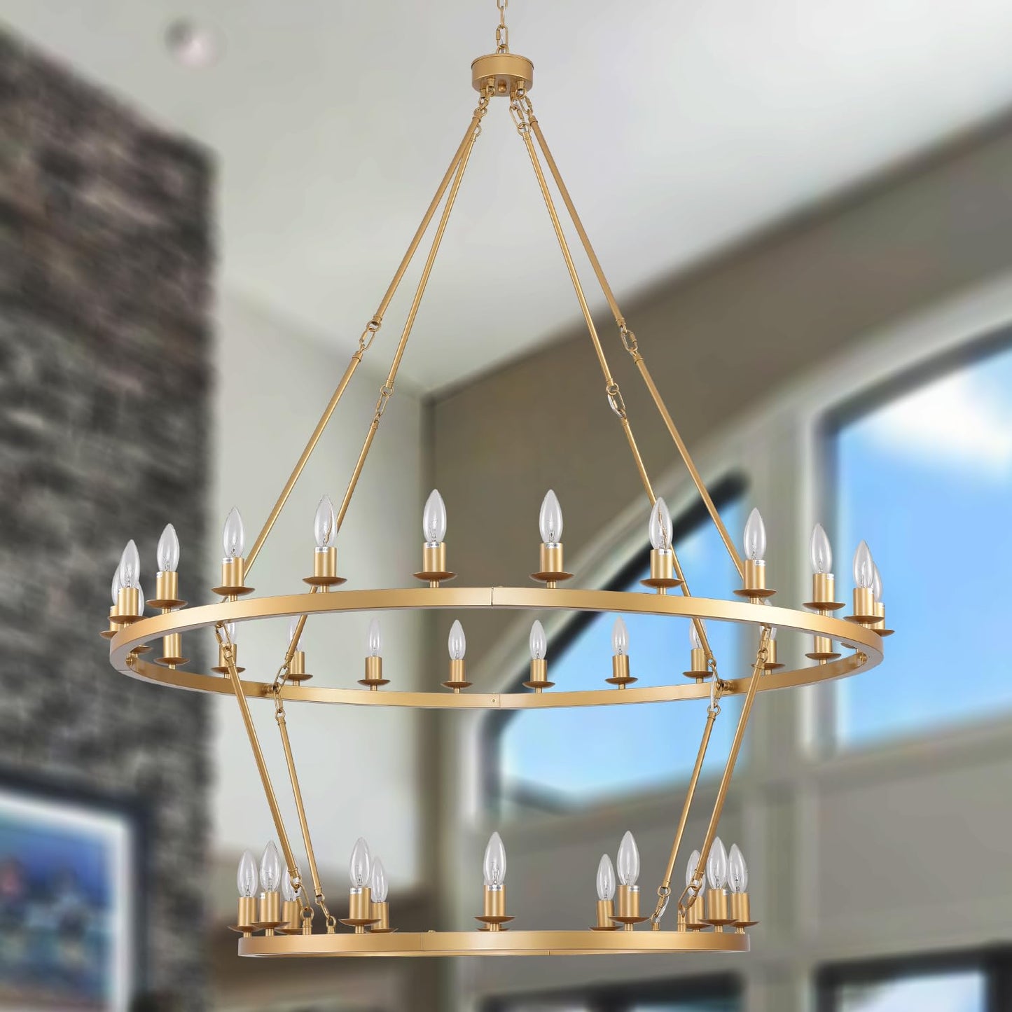 JKLX 48 Inch 2 Tier Gold Extra Large Wagon Wheel Chandelier 36-Lights Farmhouse Industrial Round High Ceiling Pendant Light Adjustable Chain, for Dining Room, Living Room
