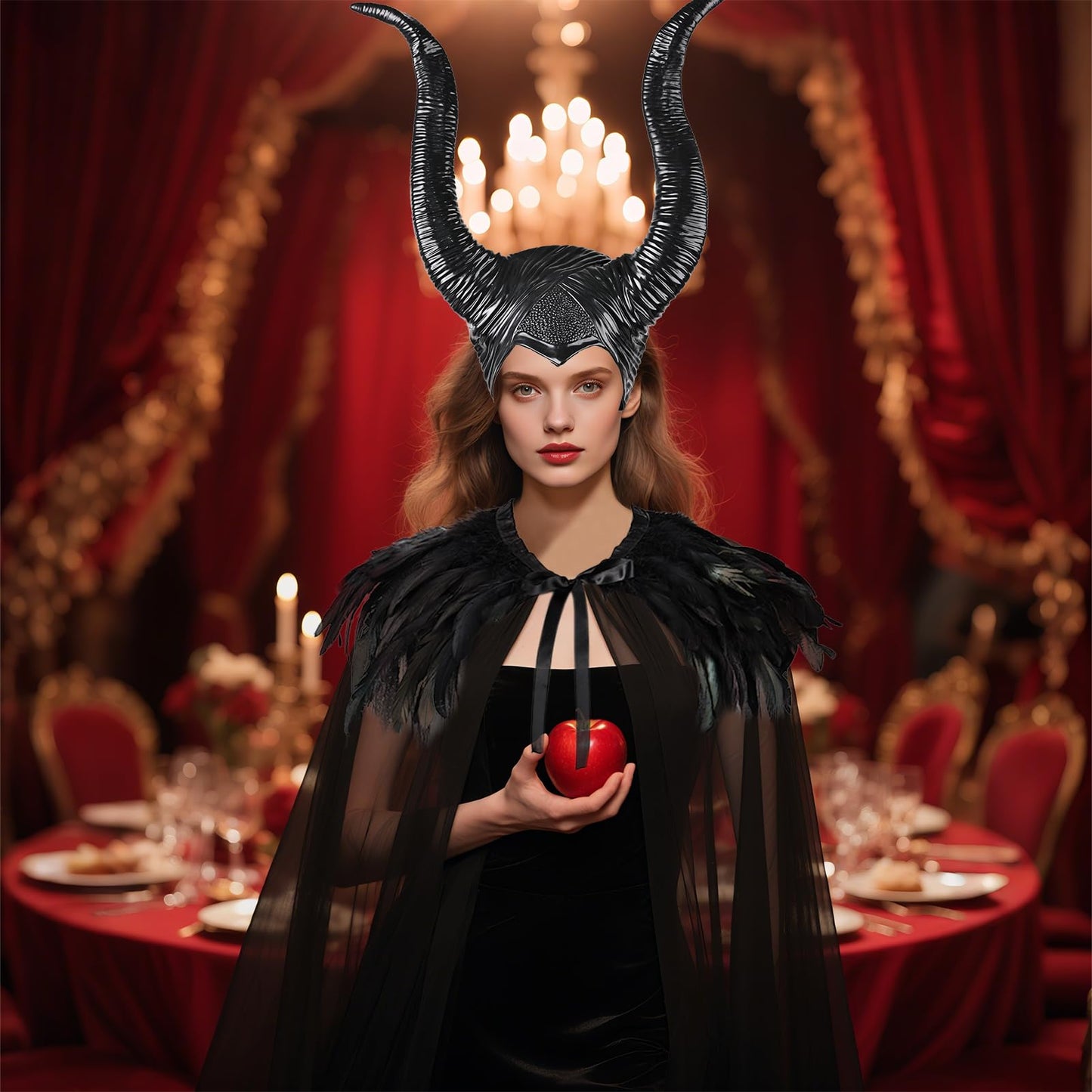 MAOFENG Women's Gothic Evil Queen Costume Demon Horns with Black Feather Collar Mesh Cloak Set for Halloween Cosplay Party