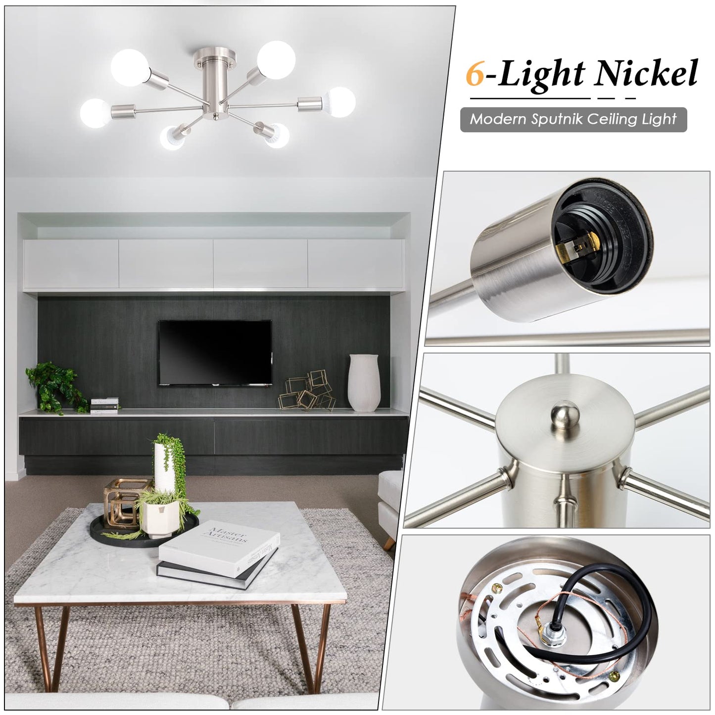 KOSTOMO Kitchen Light Fixtures 6 Lights Ceiling Lights Fixture Nickel Modern Semi Flush Mount Lighting Sputnik Chandelier for Bedroom Dining Room Hallway