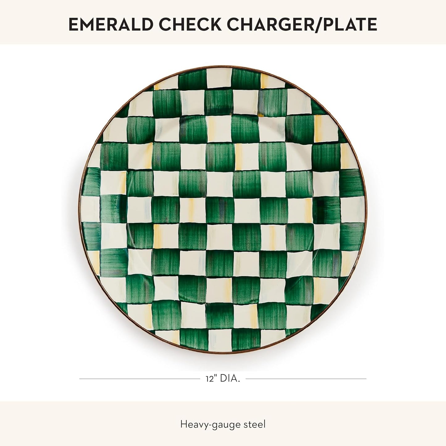 MACKENZIE-CHILDS Enamel Charger Plate, Charger Decoration for Dinner Plates or Home Decor, 12 Inches, Green-and-White Emerald Check