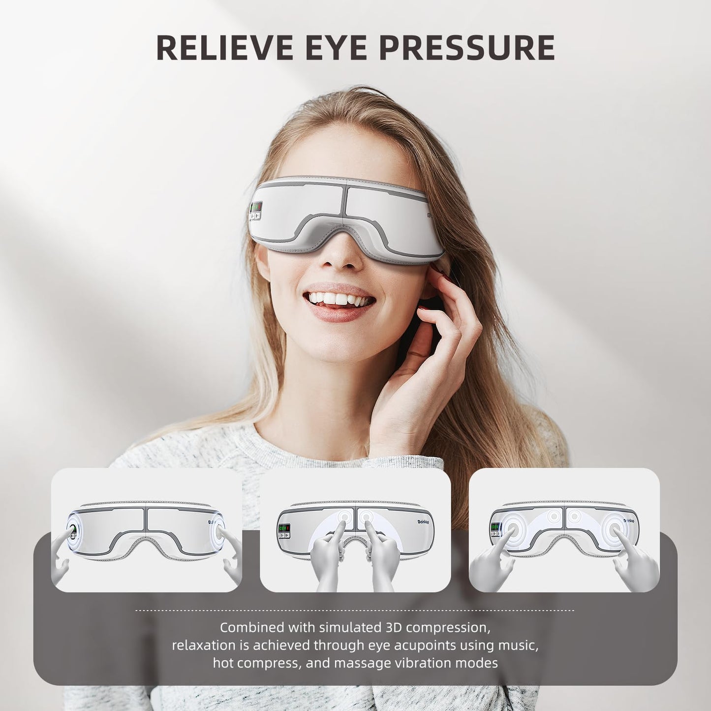 Beinkap Eye Massager with Heat, Music, Compression, Adjustable Sleep Mask Massage Holiday Birthday Gifts for Women Men, Eye Massager for Migraine Reduce Stye Eye, Eye Strain Relief, Improve Sleep