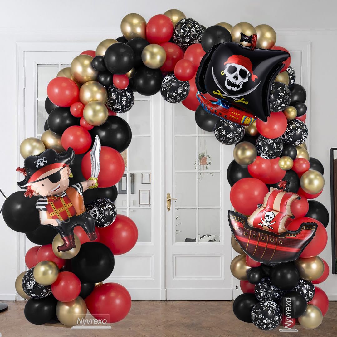 Pirate Birthday Party Decorations, 142Pcs Red Black Metallic Gold Balloon Garland Arch Kit with Pirate Ship Foil Mylar Balloon for Summer Sea Sailing Adventure Ocean Theme Halloween Party