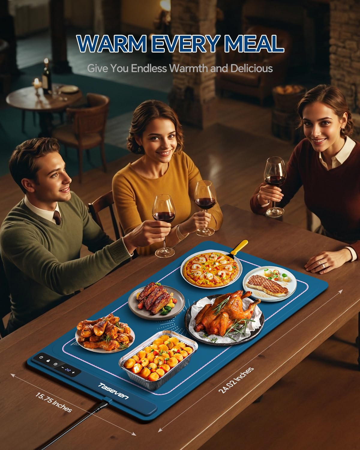 Taseven Food Warming Mat, Silicone Heating Tray with 7 Temperature Settings, Quick Full Surface Heating Pad, Thermochromic Line, Kids Lock, Food Warmers for Parties