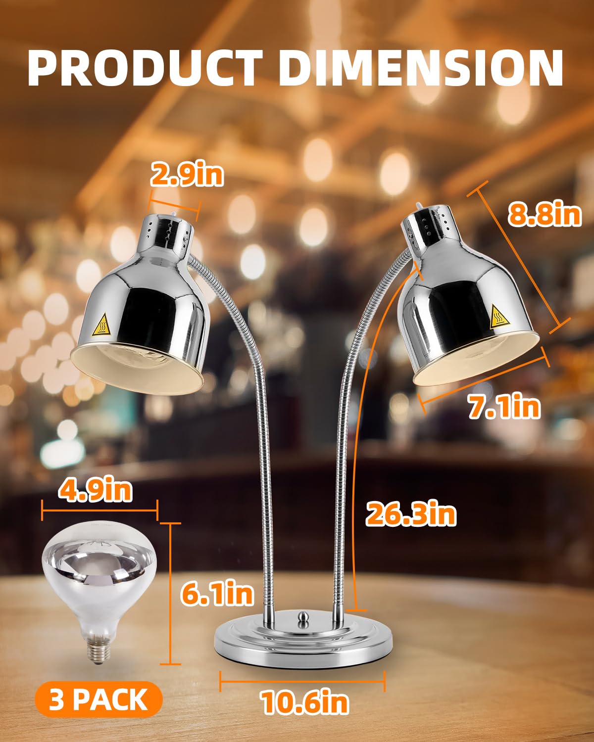 RVGMBO Food Heat Lamp - [3 Bulbs Included] [Rapid-Heating], 500W Commercial Food Warmer Light, Heat Lamp for Food, Catering Warming Lamp for Buffet Parties, Polished Silver,N2