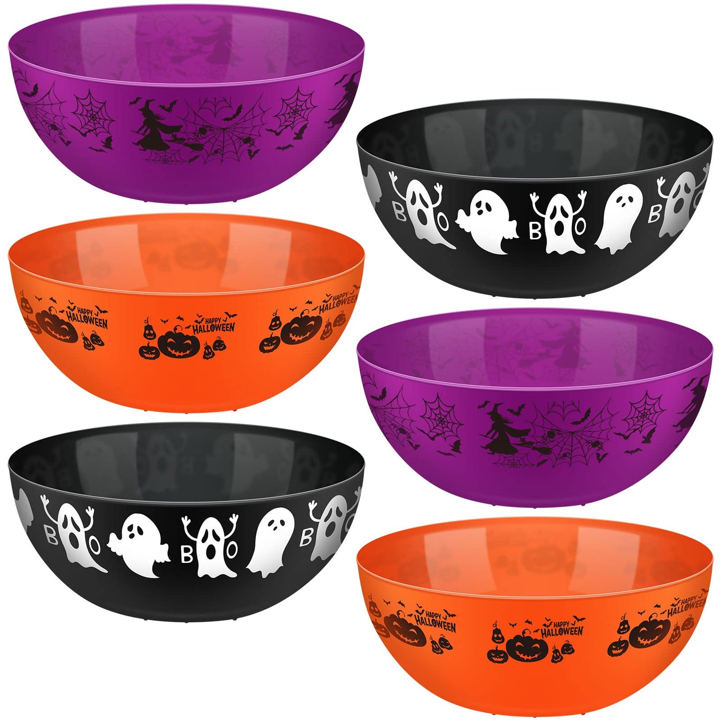 Funtery 6 Pcs Halloween Plastic Trick Treat Candy Bowls - Large Serving Bowls for Party Decor (Ghost, Pumpkin, Bat)