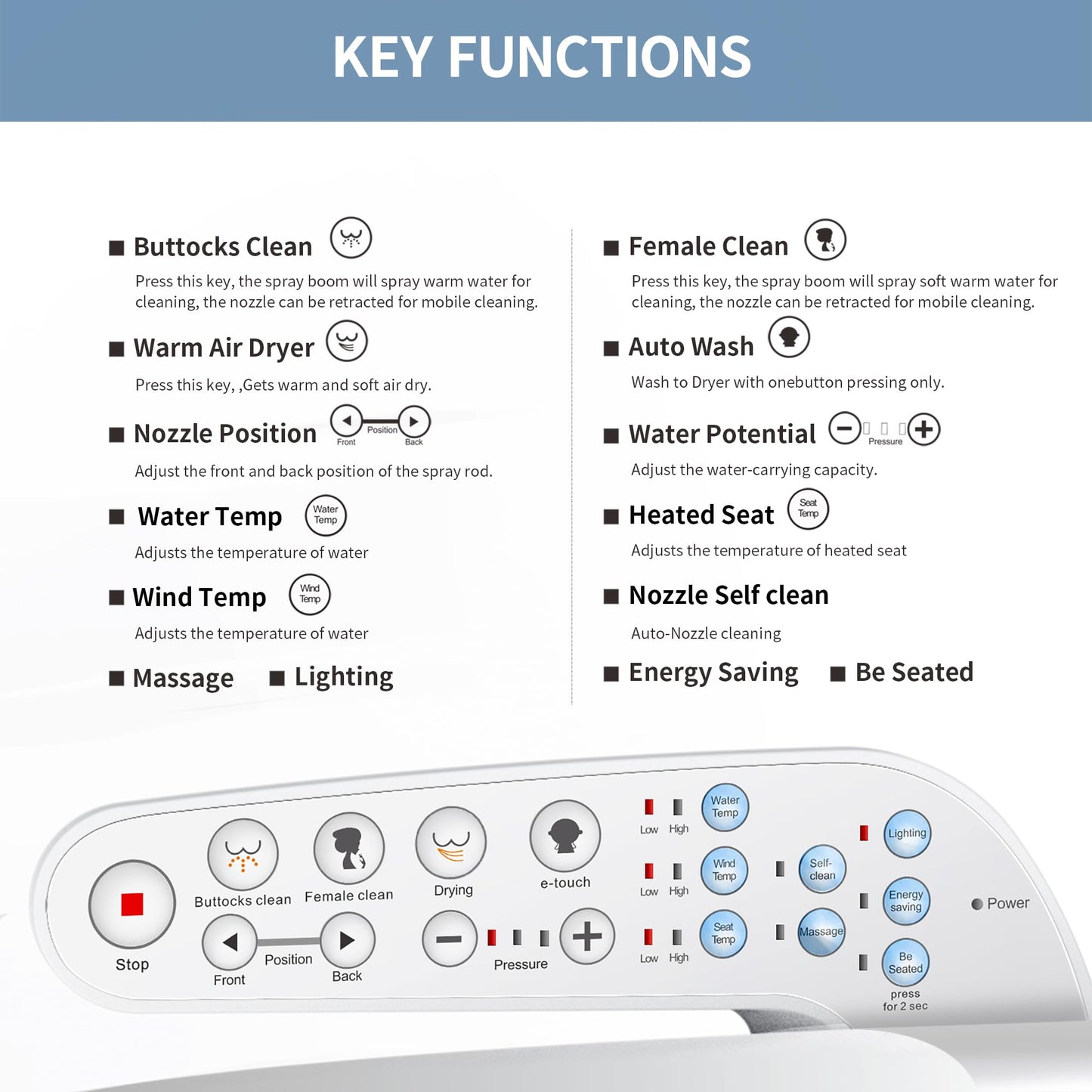 KERDE P30A Electric Bidet Toilet Seat - Smart Heated Seat with Auto-Flush, Side Panel Control for Existing Toilets, Quiet Close Lid & Warm Air Dryer Elongated