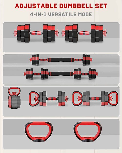 Prapark 4-in-1 Adjustable Dumbbell Set – Octagonal Anti-Roll Design, Non-Slip Grip, Versatile Weights with Barbell, Kettlebell, Push-Up Options – Home Gym Fitness Equipment for Men & Women (22 LB)