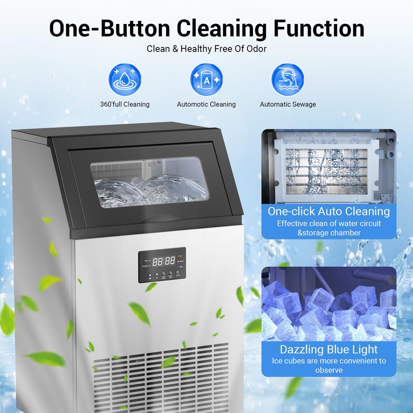 Ice Maker Commercial, 150lbs/Day Under Counter Ice Machine with 50 Lbs Storage Bin, 45 Ice Cubes in 8-15 Mins Free Standing Ice Maker for Home/Bar/Restaurant/Outdoor