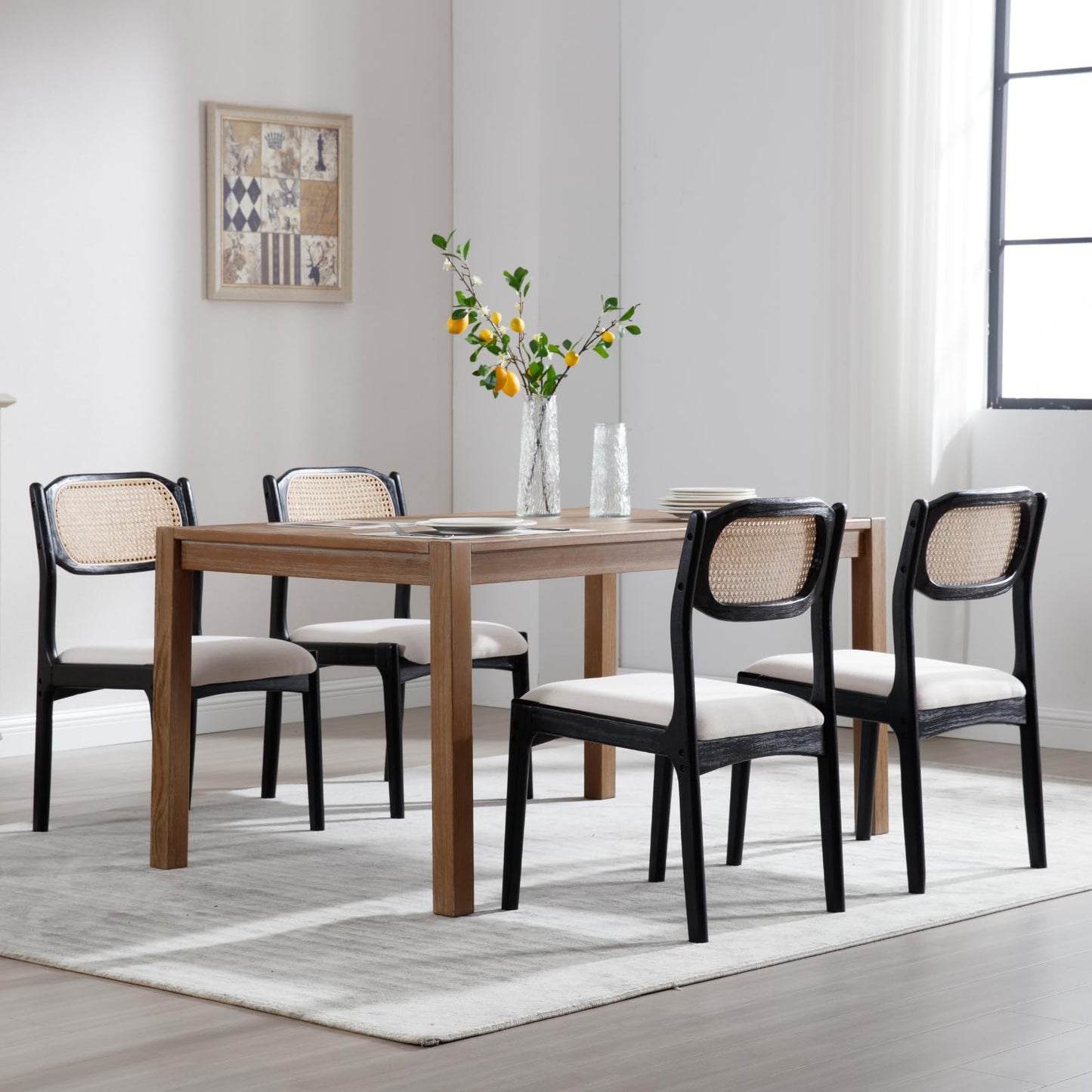 CIMOTA Mid Century Modern Dining Chairs Set of 4 Rattan Farmhouse Dining Room Chairs with Cane Back/Black Wood Frame Upholstered Linen Wooden Kitchen Chairs for Dining Room/Restaurant, Beige
