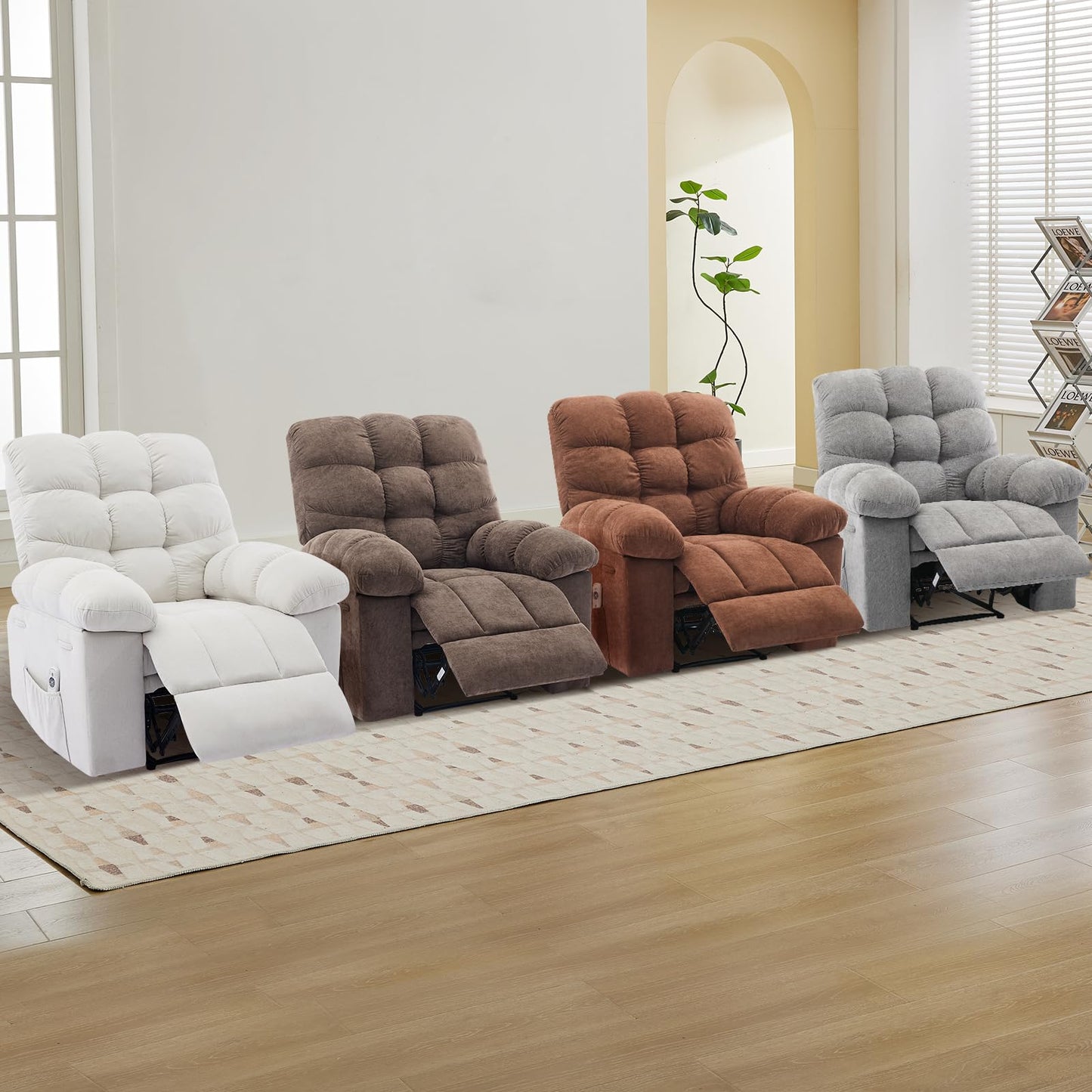 Dark Brown Ergonomic Recliner Chair - Overstuffed Rocking Recliner with Massage & Heat, Wide High-Back Linen Reclining Chair, Manual Adjustable with Remote & Dual Side Pockets for Living Room Bedroom