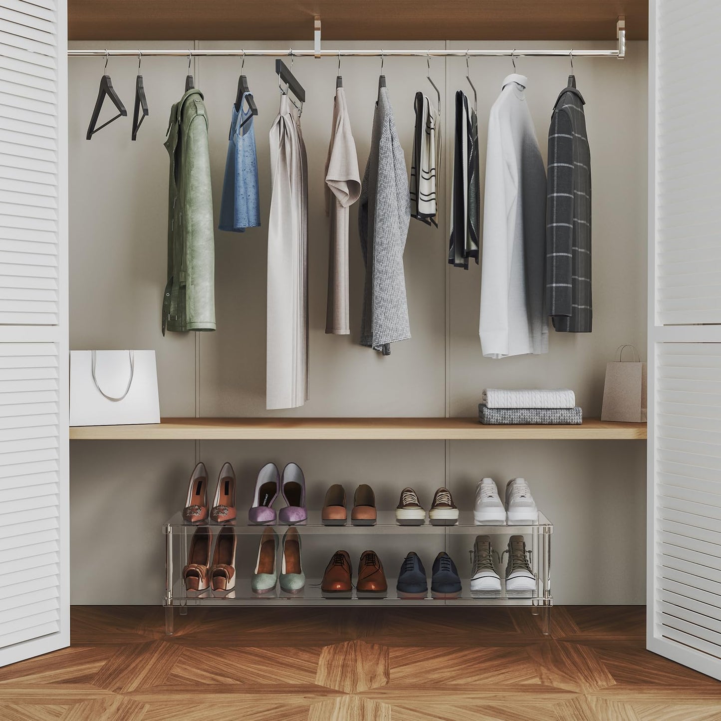 Aquiver Acrylic Long Shoe Rack - 2 Tier Shoe Organizer for Closet- Wide Shoe Shelf Clear Shoes Rack for Entryway, 42.7'' L x 11.8'' W x 12.2'' H, Easy Assembly & Clean