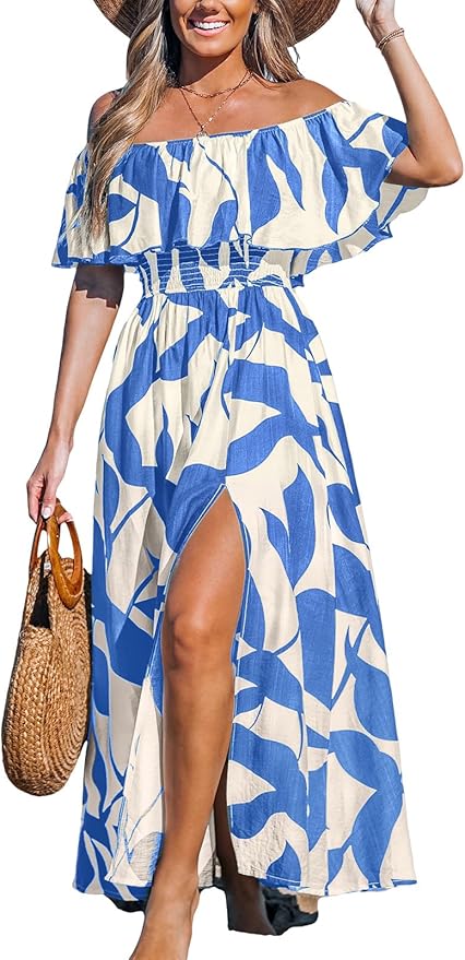 CUPSHE Women Ruffle Floral Maxi Summer Dress Off Shoulder Short Sleeve Backless Flounce Bodice Slit Hem Beach Dresses