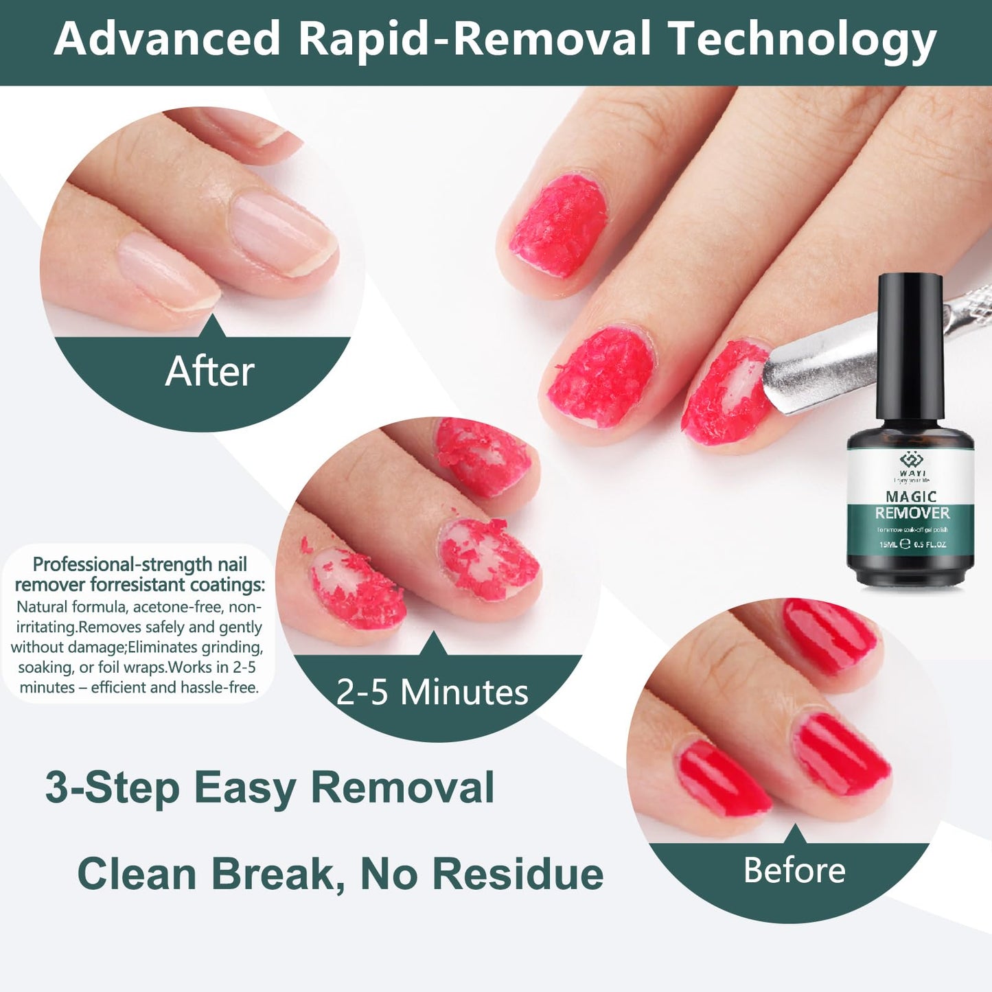 WAYI Gel Nail Polish Remover Kit - Magic Gel Remover + Nourishing Cuticle Oil + Nail Tools Set, Fast No Soak Gel Removal for Sal
