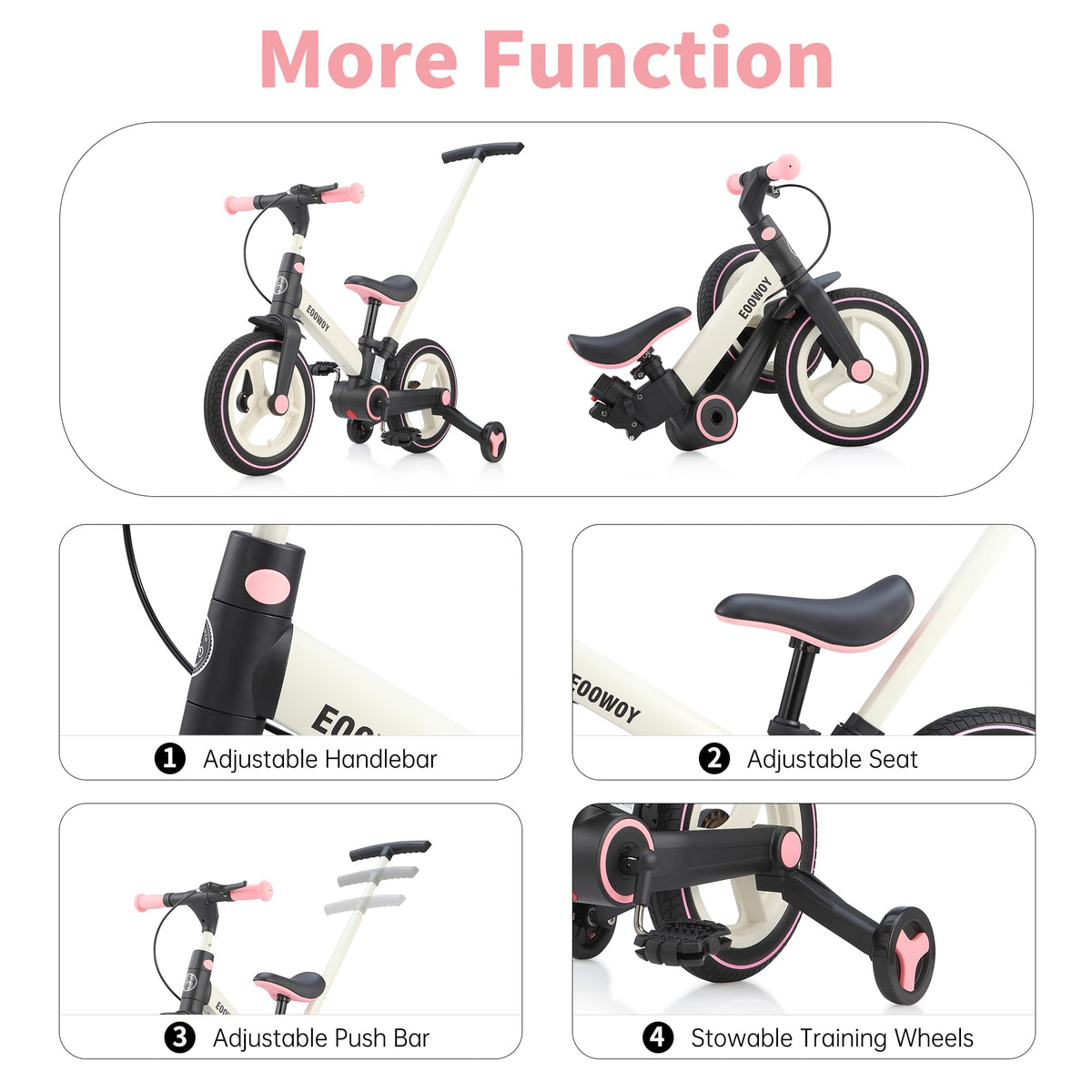 EOOWOY Balance Bike with Push Handle for Kids 18-60 Months, 6 in 1 Foldable Push Bike with Training Wheels & Pedals, Balance Bicycle for Boys and Girls with Brakes & Kickstand, Pink