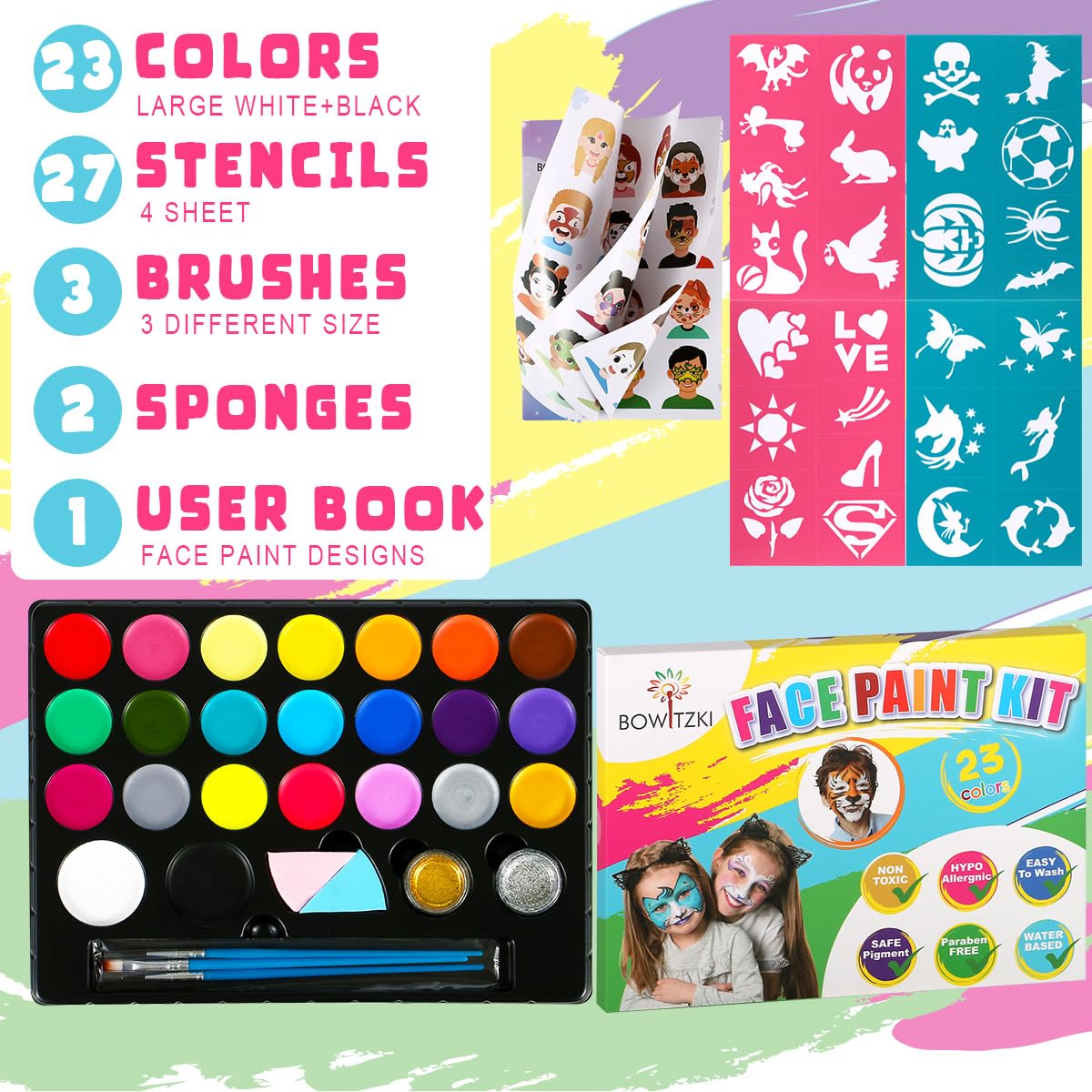 Bowitzki Face Painting Kit for Kids 23 Colors Water Based Face Paint Kit Non Toxic Professional with Stencils Brushes for Partie
