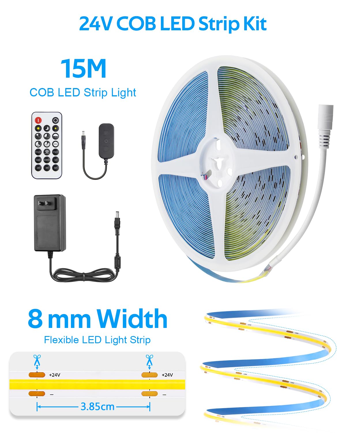 Aclorol 50FT COB LED Strip Lights 24V Cold White 6000K Dimmable LED Light for Bedroom with Remote and App Control 8mm Width LED Flexible Tape Lights for Cabinet Room Kitchen Mirror TV Bookshelves