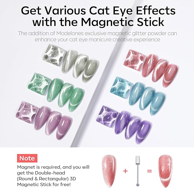 modelones Cat Eye Gel Nail Polish 6 Colors Red Green Silver Purple Blue Glitter Cat Eye Gel Polish Holographic 9D Semi-transparent With Magnet Soak Off Led Nail Art DIY Salon Gifts For Women Girl
