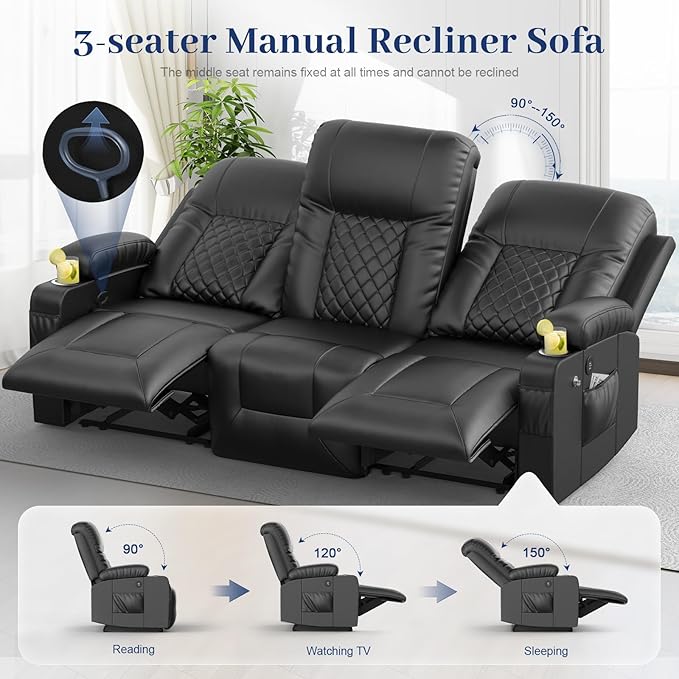 FURNIMAT Oversized Recliner Sofa Set with 3+2+1 Pieces in Living Room, 3 Seats Dual Reclining Sofa Couch with USB Ports, 1 Recliner Chair with Vibration Massage and Heat Single Sofa Seat, Bedroom, RV