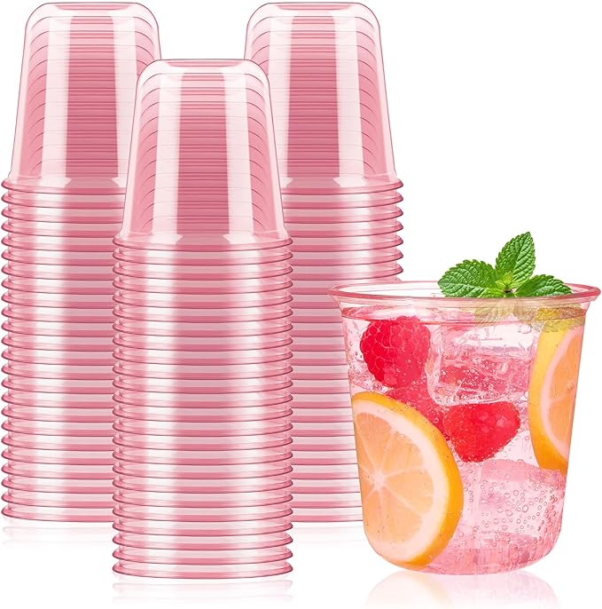Jycnolm 50 Pcs Pink Plastic Cups, 12 Oz Disposable Stemless Wine Glasses Cocktail Pink Party Cups for Meeting, Wedding, Bi...