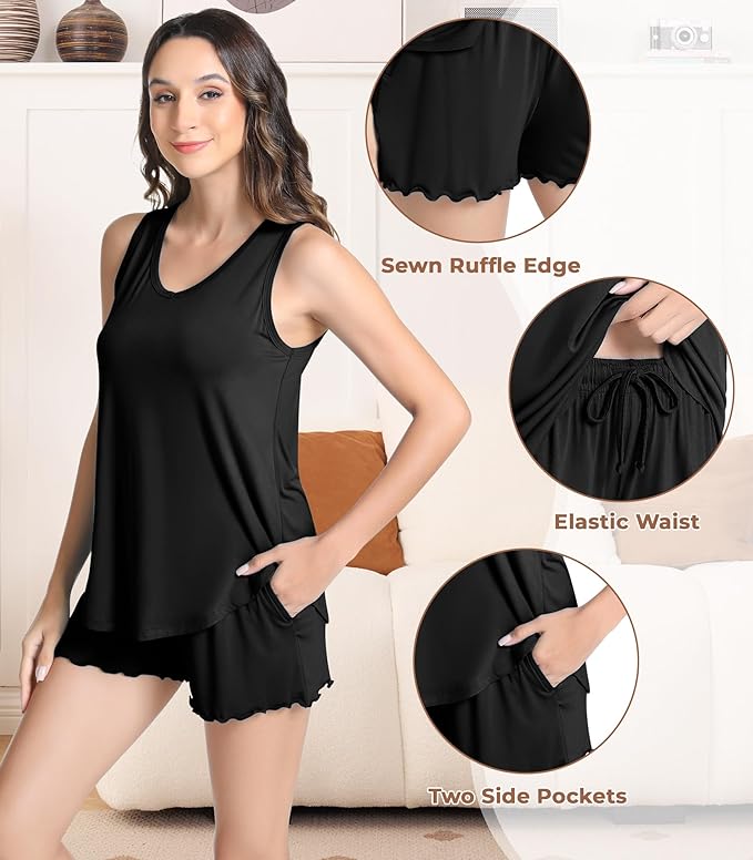 NACHILA Pajamas for Women-Viscose from Bamboo, Ribbed Racerback Tank Top Sexy Split Shorts Pajama Sets Cooling Sleep Cami Pjs