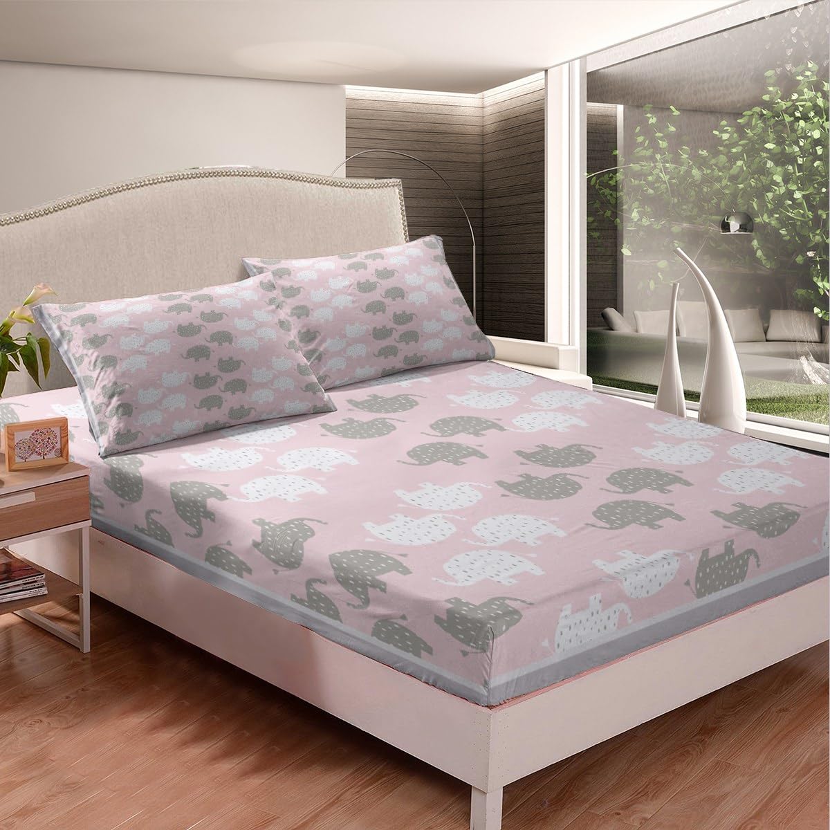 Castle Fairy Kawaii Elephant Fitted Sheet Twin Size,Cute White Gray Elephant Silhouette Soft and Luxury Sheet Set,Cartoon Pink Animals Grid Bedding All Round Elastic Pocket,for Kids Boys Room