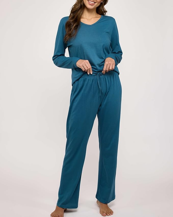 Real Essentials 2 Pack Women's Soft Cotton Long Sleeve Pajama Set with Pants - Lounge Sets for Women (Available In Plus)