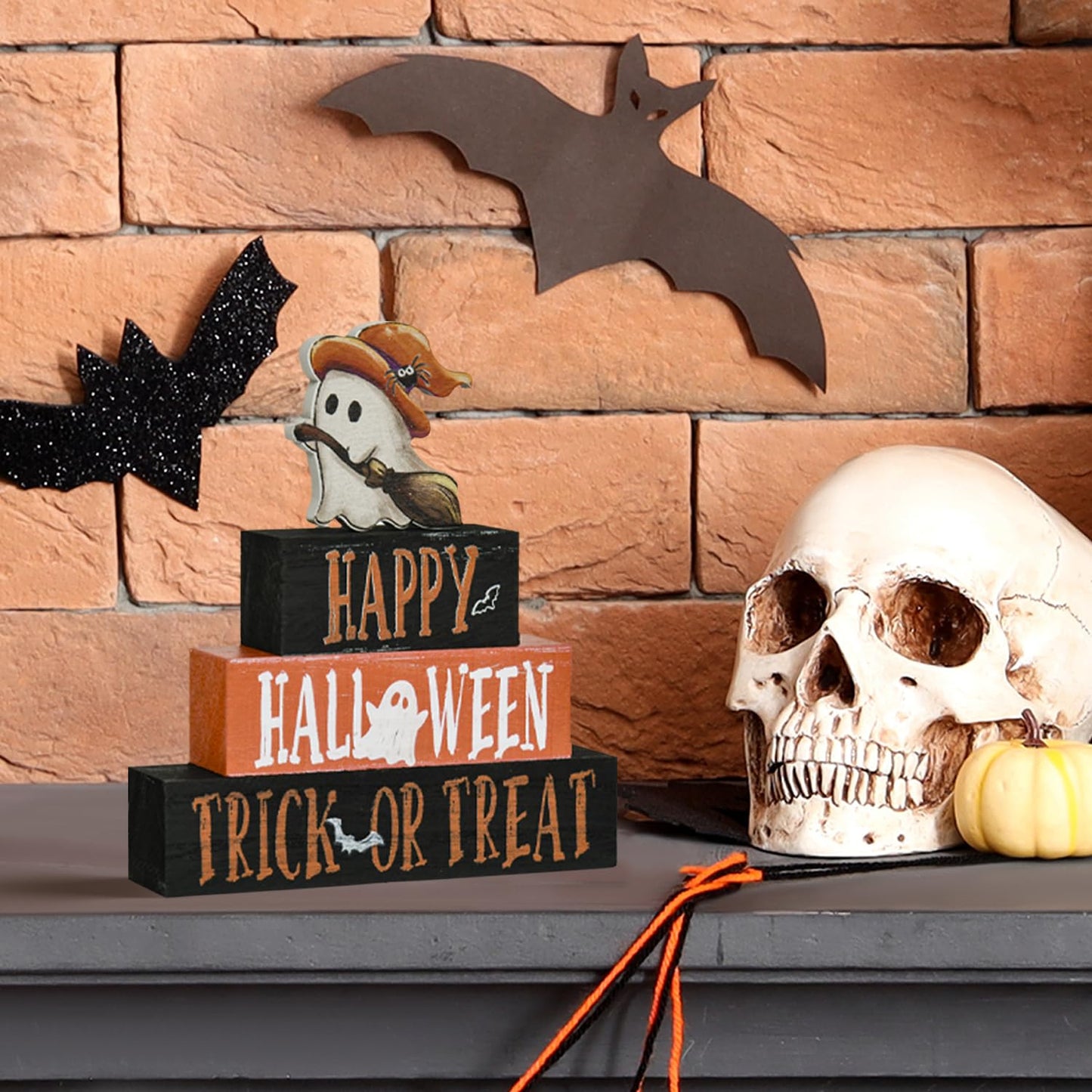Smile 4 Pcs Wooden Blocks Signs, Happy Halloween Indoor Decorations, Trick or Treat Farm Decor Spooky Rustic for Home Table Shelf and Kitchen