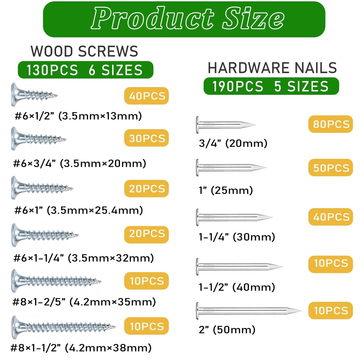 320Pcs Premium Hardware Nails & High Hardness Wood Screws Assortment Kit,11 Sizes (1/2"-2"),Phillips Drive Flat Head, Wood Screws,Galvanized,Picture Hanging,Wood,Common Nails with Storage Box