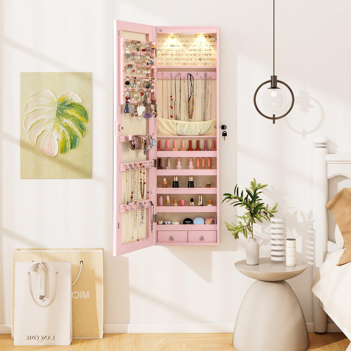 Moccha Wall Door Jewelry Armoire, 47.5" H Full Length Mirrored Jewelry Cabinet with 2 LED Lights and 2 Drawers, Lockable Jewelry Cabinet, Jewelry Organizer Storage for Bedroom, Pink