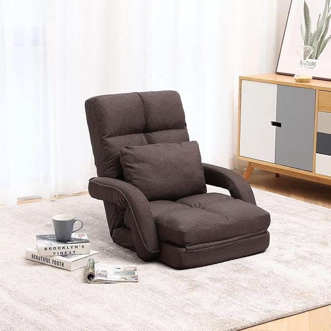 DeeLyan Indoor Floor Chair with Armrest and Pillow Folding Chaise Lounge Sofa 14-Position Adjustable Comfy Gaming Recliner Chair Padded Seats for Adults(Brown)