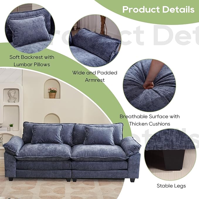 Oprisen 86" Modular Sectional Sofa, Comfy Cloud Couch Sectional Sofa, Chenille Sofa Sleeper Deep Seat Sofa with Throw Pillows for Living Room (Blue, 86"- Loveseat)