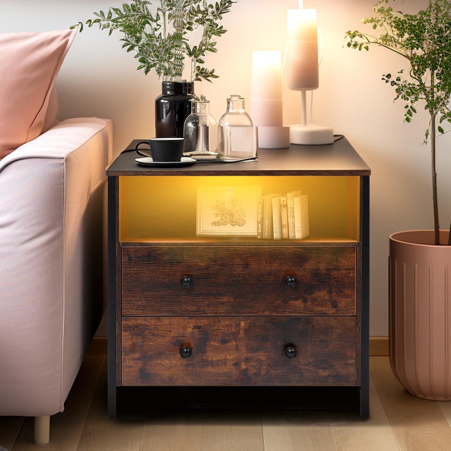 Tykacna 27 Inch Wide Night Stand, Large Wood Night Stand with 2 Drawers, LED Nightstand with Charging Station and Adjustable Drawer, Bedside Table for Living Room/Bedroom/Study/Office, Retro.
