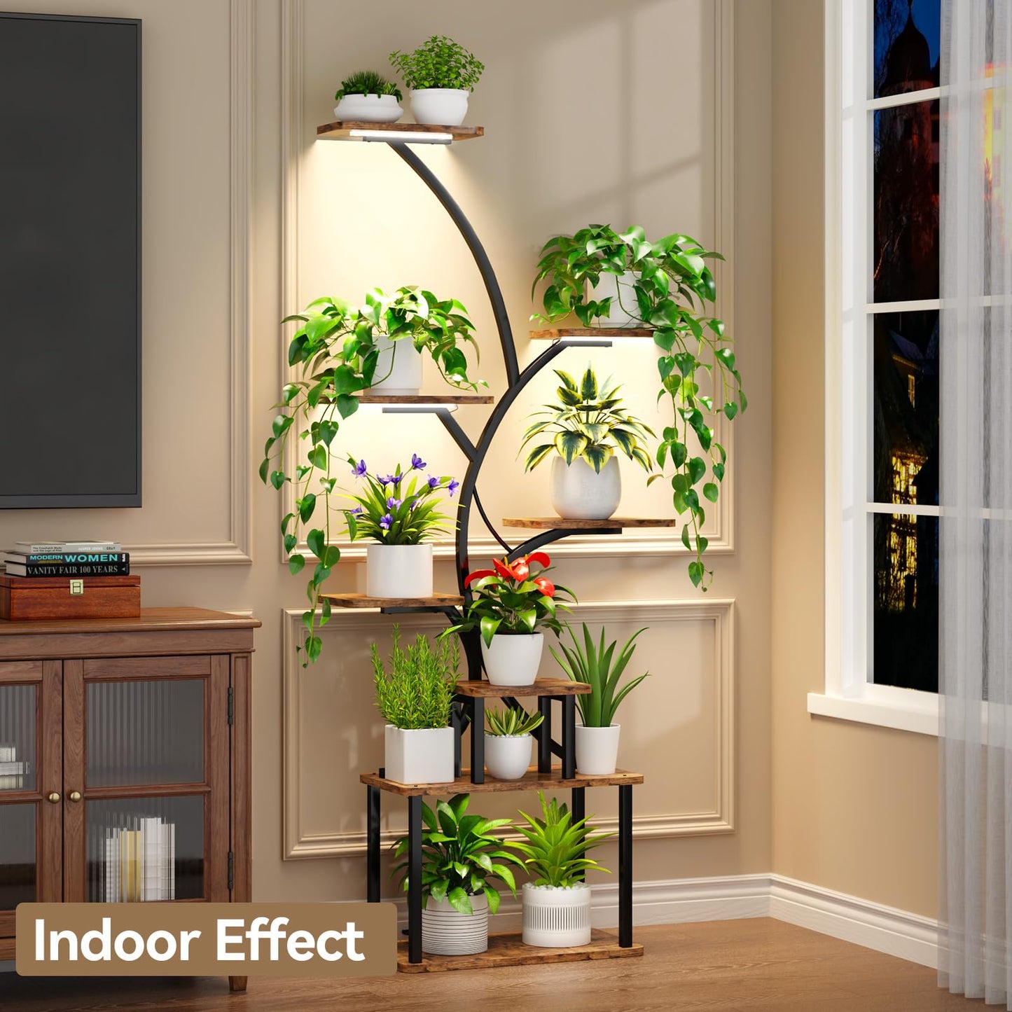 CYXPHION C3 Plant Stand Indoor with Grow Lights, 8 Tiered 62.2" Tall Plant Stand, Corner Large Metal & Wood Plant Shelf, S-Shaped Plant Display Shelves for Living Room, Patio, Outdoor