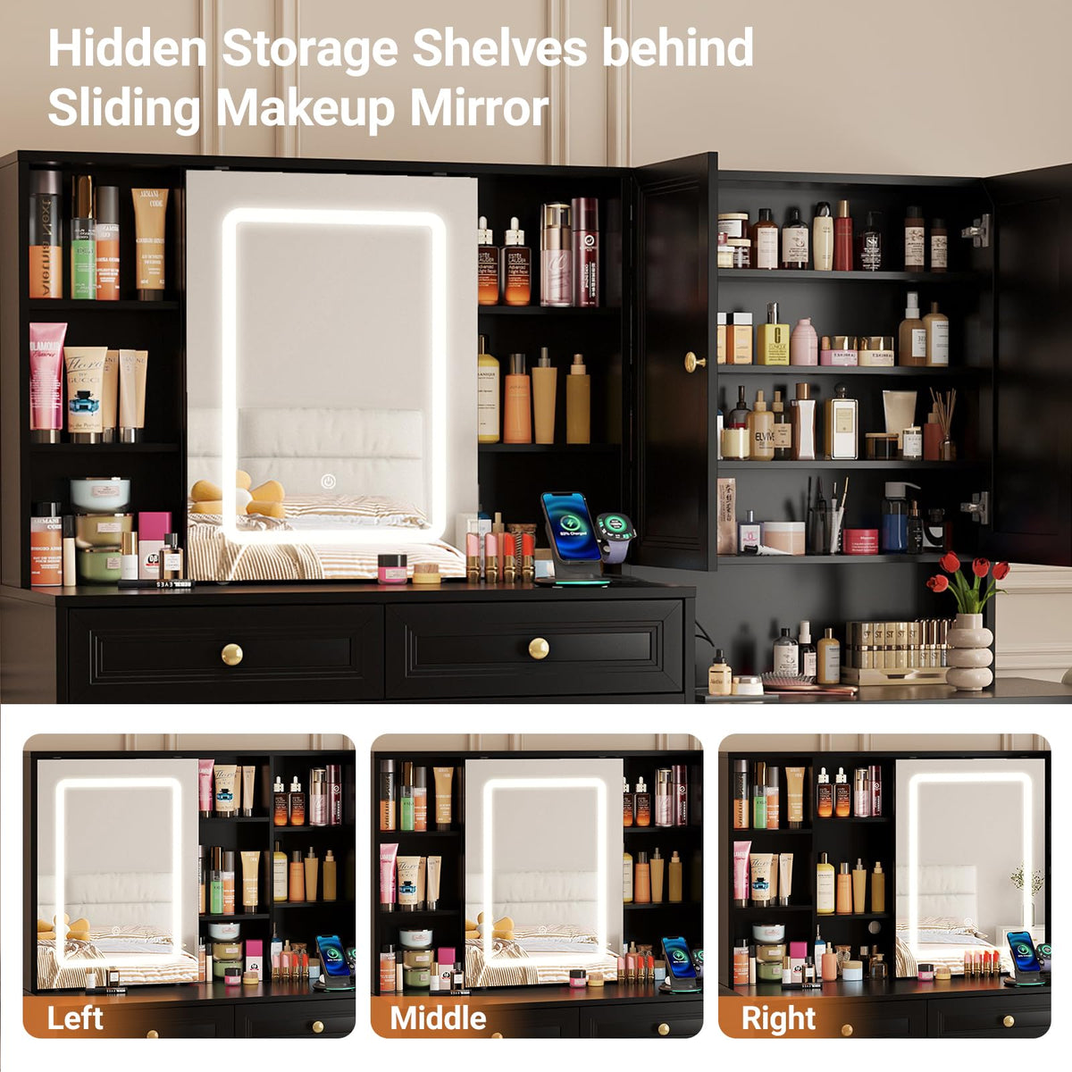 Vabches 58.6" Large Vanity Desk with Sliding Mirror & Lights, Black Makeup Vanity Table & Nightstand Combo with Power Outlet and 6 Drawers 15 Shelves with Light Strips for Bedroom Dressing Room