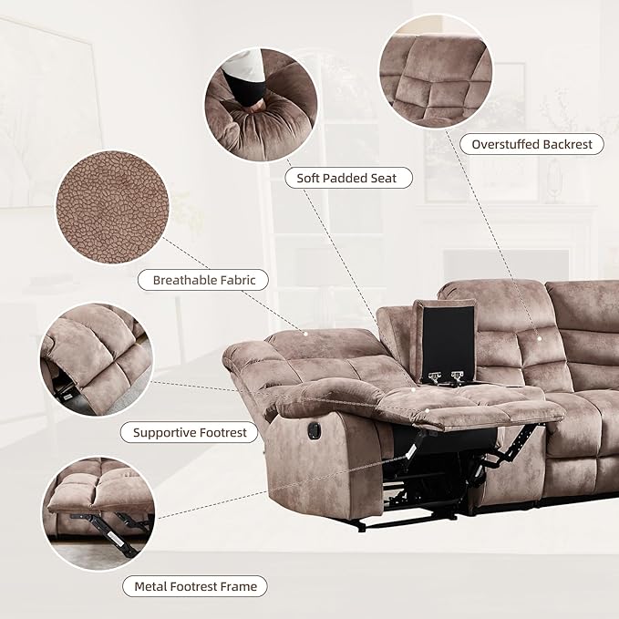 EBELLO Manual Reclining Sectional Sofa Set for Living Room, Soft Fabric Recliner Corner Sectional Couch with Center Console, Cup Holder and Storage, Brown