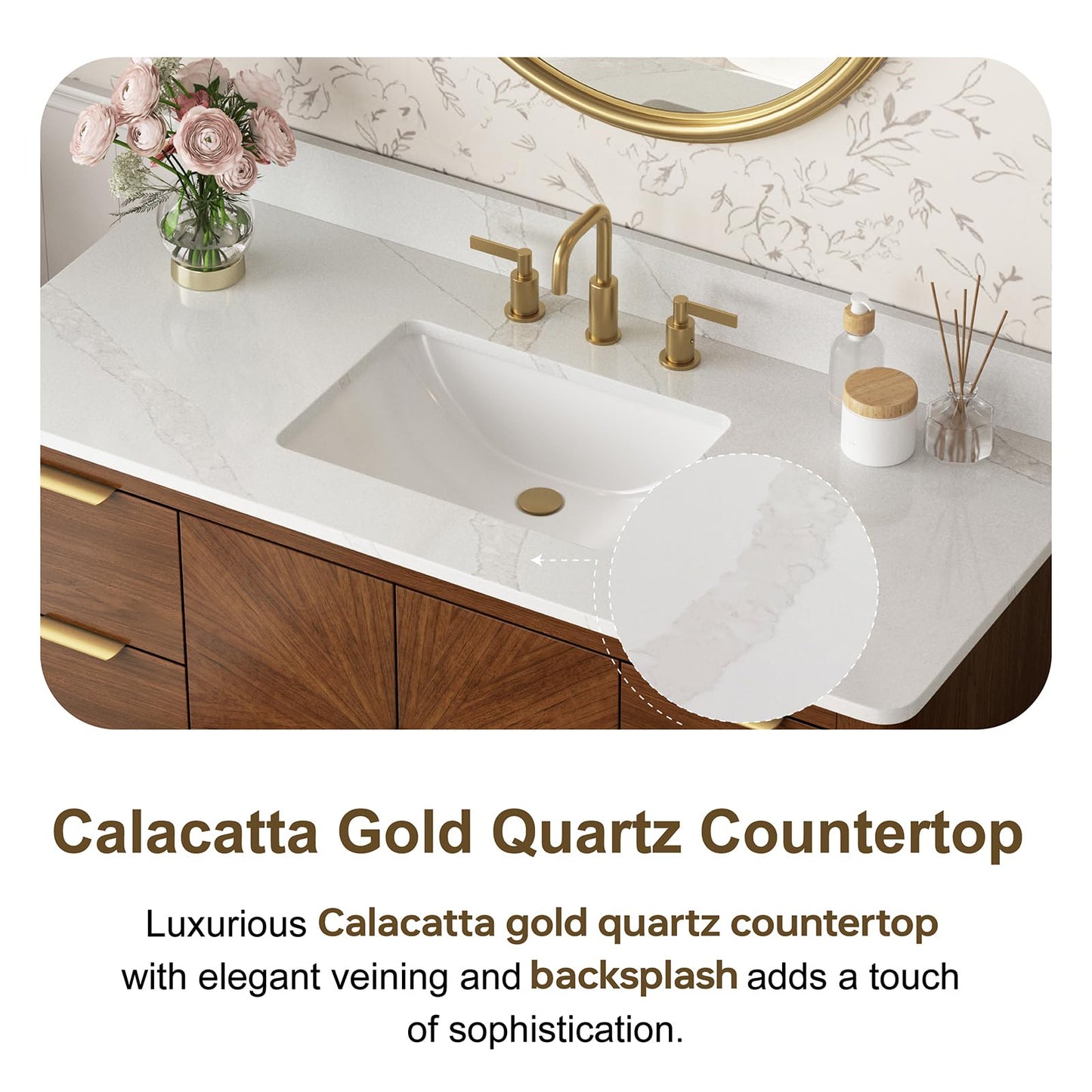 DELUXE LIVING 48 Inch Walnut Bathroom Vanity with Sink, Fully Assembled Solid Wood Bathroom Vanities with Soft Close Parquet Doors, Full Extension Dovetail Drawers, Calacatta Quartz Top & Backsplash
